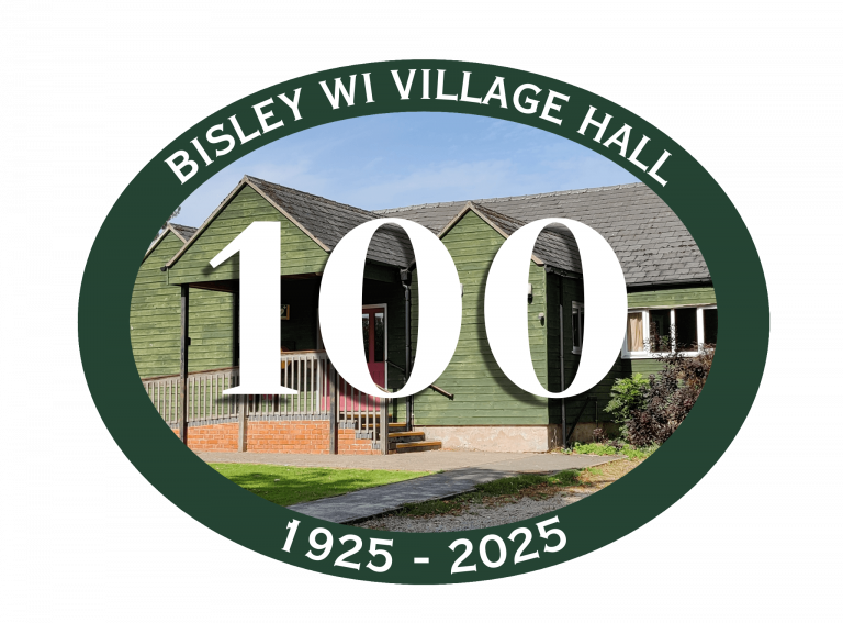 A logo celebrating one hundred years of the Bisley WI Village Hall from 1925 to 2025